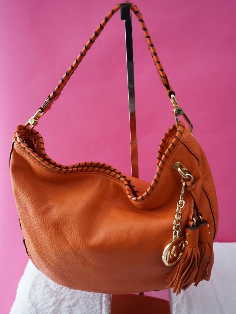 Michael Kors Orange Pebbled Leather Whipstitch Hobo Shoulder Bag with Tassels